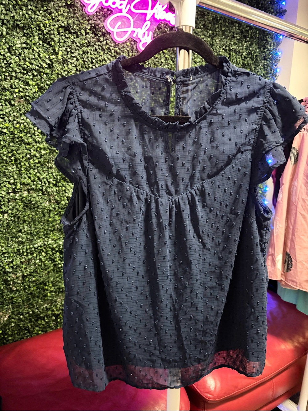 SHEIN Navy Swiss Dot Ruffle Sleeve Blouse
